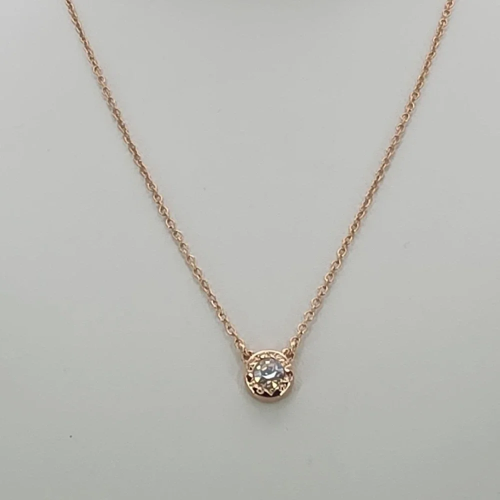 Vtg COACH Necklace Open Circle Crystal Pendant Rose Gold Plate‎ Round Link 18